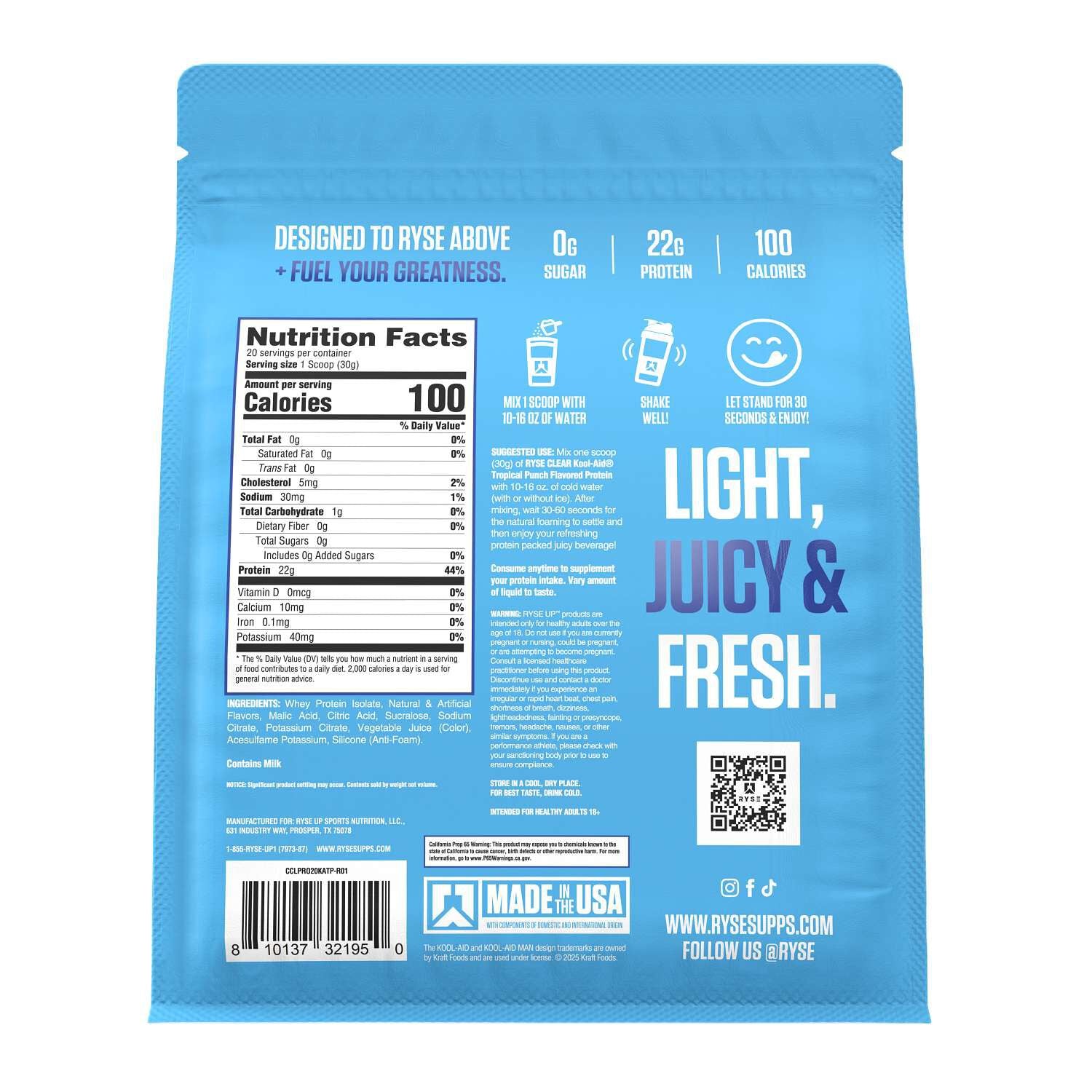 RYSE Clear Protein - Kool-Aid™ Tropical Punch - 20.5 oz (20 Servings)